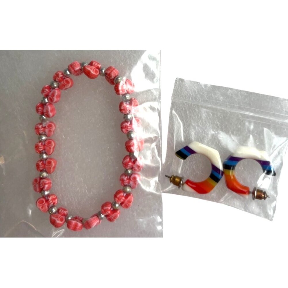 Rainbow Stripe Hoop Earrings & Red Beaded Stretch Bracelet Set A554